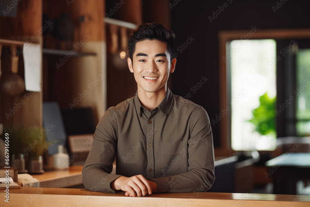 Young Asian male bed and breakfast owner standing behind counter, young handsome male standing behind reception smiling at a costumer