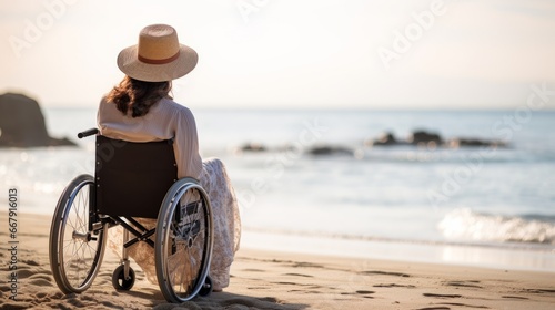 Woman sitting in a wheelchair on a sandy beach world disability day photo