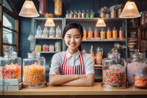 Young Asian female candy shop owner standing behind counter, beautiful young woman smiling and working in a candy store