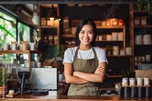 Young Asian female coffee shop owner standing behind counter, young beautiful woman selling coffee in a coffee shop