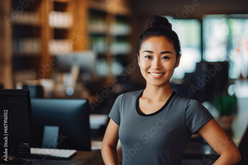 Young Asian female gym owner standing behind reception, young beautiful female owning smiling in gym after working out photo
