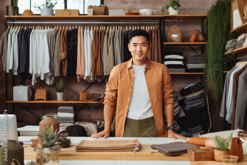 Young Asian male clothing boutique owner standing behind counter, handsome male selling clothes in a clothing store