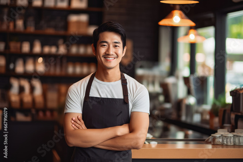 Young Asian male coffee shop owner standing behind counter, young handsome male making and selling coffee in coffee shop