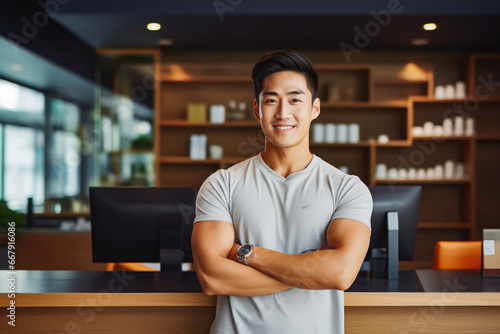 Young Asian male gym owner standing behind reception desk, young handsome strong fit muscled male at a reception in gym