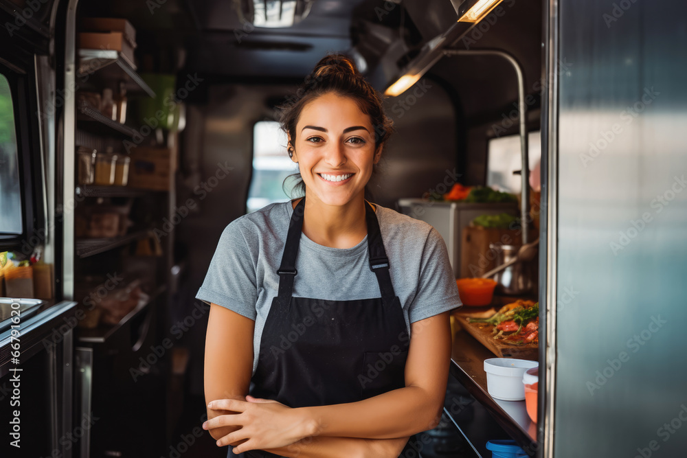 Beautiful young caucasian female food truck owner standing behind counter and smiling