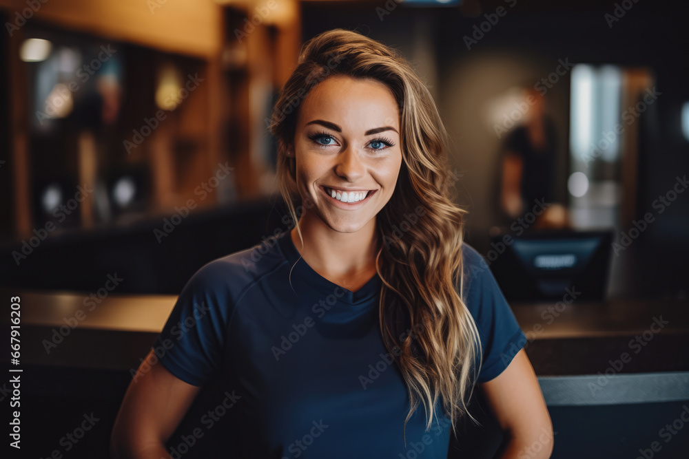 Beautiful athletic caucasian female gym owner standing behind reception and smiling, business woman owner at work place - obrazy, fototapety, plakaty 