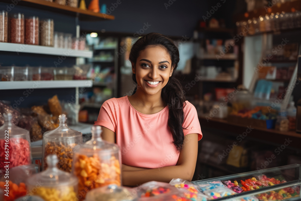 Beautiful young indian female candy shop owner standing behind counter, beautiful young woman smiling and working in a candy store