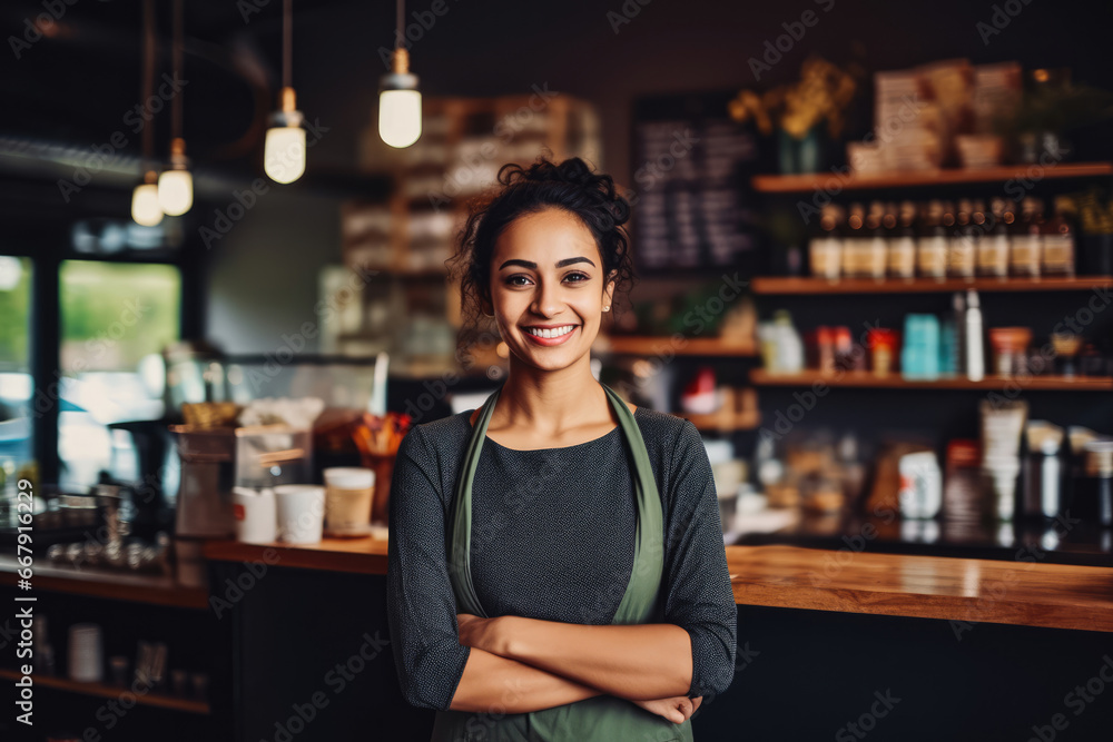 Beautiful young indian female coffee shop owner standing behind counter and smiling, successful business owner in her shop