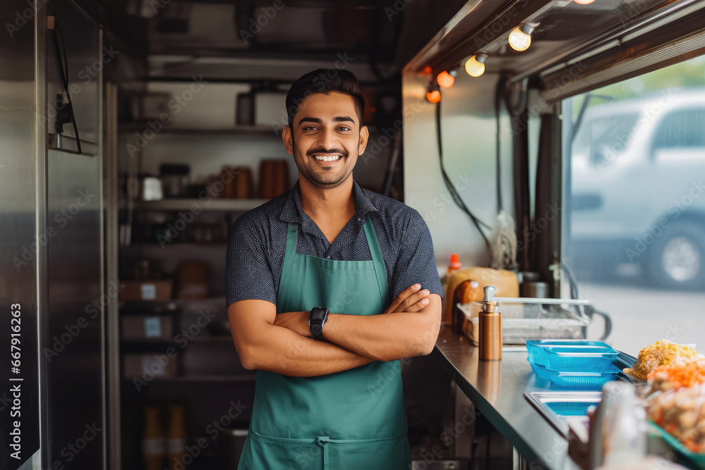 Handsome young indian male food truck owner standing behind counter and smiling, successful