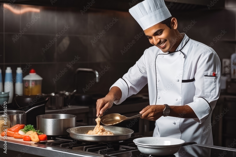 Handsome young indian male personal chef focusing on his job, wearing a cooking uniform, successful business man at work in the kitchen Handsome young indian male personal chef focusing on his job, wearing a cooking uniform, successful business man at work in the kitchen