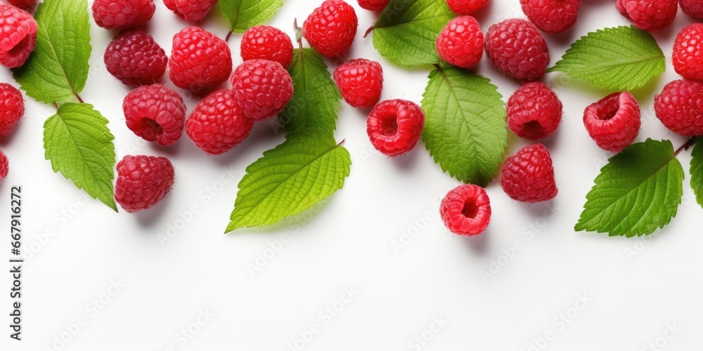 Raspberries and leaves isolated on white background. Healthy eating and diet concept. Raspberries and leaves isolated on white background. Healthy eating and diet concept.