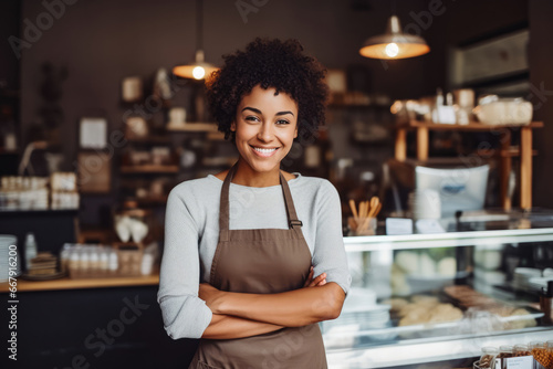 Beautiful young black female coffee shop owner standing behind counter and smiling, successful business owner in her shop