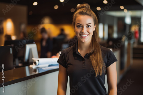 Beautiful athletic caucasian female gym owner standing behind reception and smiling, business woman owner at work place photo