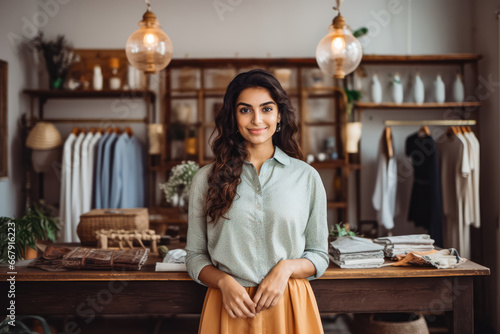 Beautiful young indian female clothing boutique owner standing behind counter and smiling, personal shopping assistance helping client