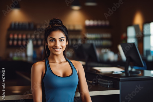 Beautiful athletic indian female gym owner standing behind reception and smiling, business woman owner at work place