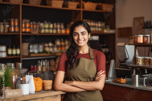 Beautiful young indian female coffee shop owner standing behind counter and smiling  successful business owner in her shop