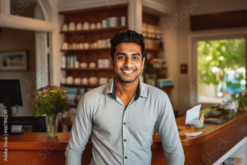 Handsome young indian male bed and breakfast owner standing behind counter and smiling, successful business owner at work place