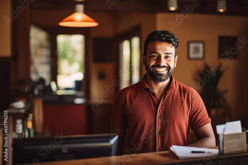 Handsome young indian male bed and breakfast owner standing behind counter and smiling, successful business owner at work place photo