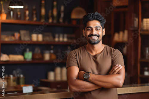 Handsome young indian male coffee shop owner standing behind counter and smiling, successful business owner in his coffee shop photo