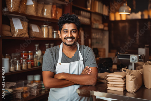 Handsome young indian male coffee shop owner standing behind counter and smiling, successful business owner in his coffee shop