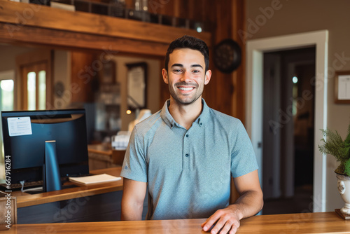 Handsome young caucasian male bed and breakfast owner standing behind counter and smiling, successful business owner at work place