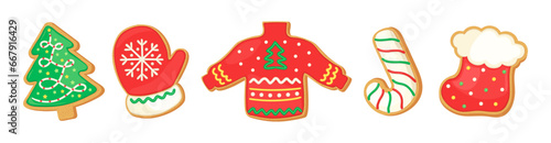 Cute sugar cookies for Christmas vector illustration. Gingerbread mitten, ugly sweater, gift boot, candy cane, christmas tree cookie shapes. Sweet food cartoon icons isolated. Home bakery clipart.