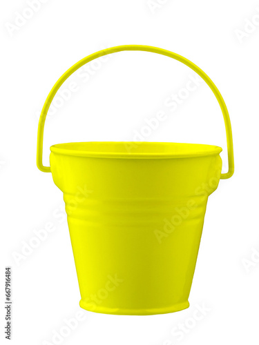 gardening tools, metal watering can and bucket, painted with enamel, isolated on a white background