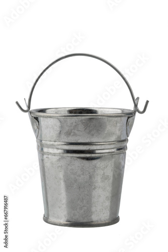 gardening tools, metal watering can and bucket, painted with enamel, isolated on a white background