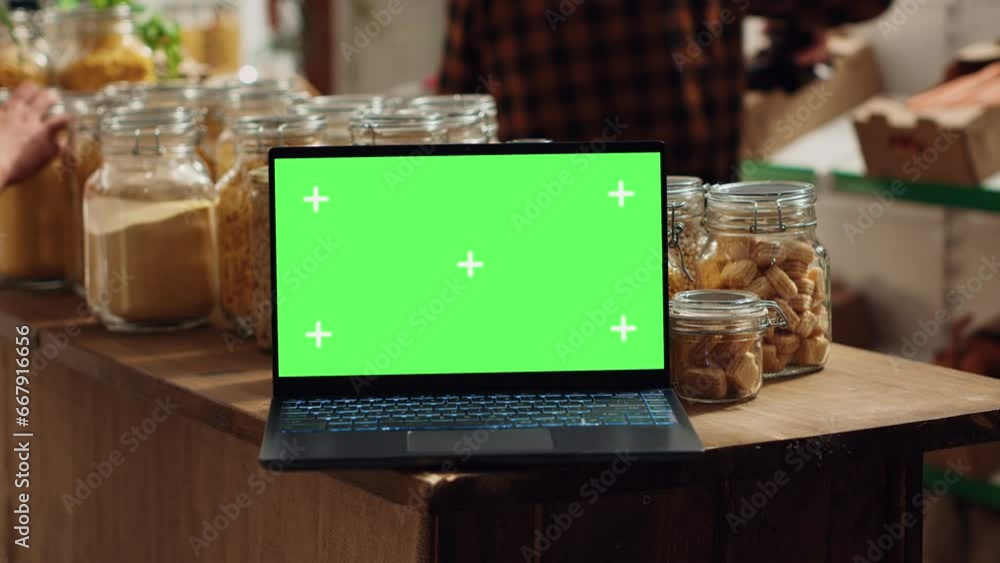 Chroma key laptop with copy space used as commercial sign in low carbon footprint local shop. Promotional ad on green screen device in food store with products in recyclable glass containers Chroma key laptop with copy space used as commercial sign in low carbon footprint local shop. Promotional ad on green screen device in food store with products in recyclable glass containers