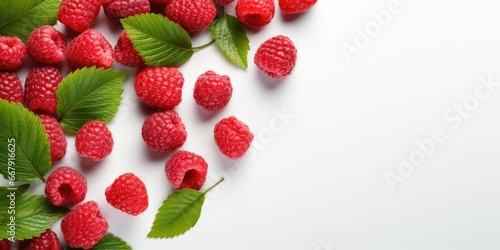 Raspberries and leaves isolated on white background. Healthy eating and diet concept.