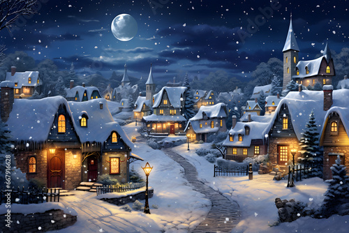 Give me 50 keywords on a single line for title: Snow-covered town illuminated by softly glowing street lamps and a moon, with small cottages adorned in twinkling Christmas lights, rooftops blan