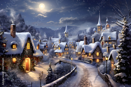 Snow-covered town illuminated by softly glowing street lamps and a bright moon, with small cottages adorned in twinkling Christmas lights, rooftops blanketed in fresh snow, set under a deep twilight b