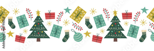 Seamless Christmas border. Holiday vector illustration. Christmas tree, socks, Christmas balls and gifts. Bright elements for design.