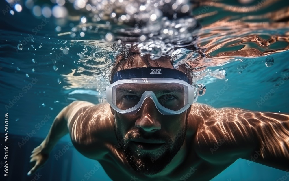 Fototapeta premium A professional athlete in swimming goggles and cap is swimming underwater in the pool