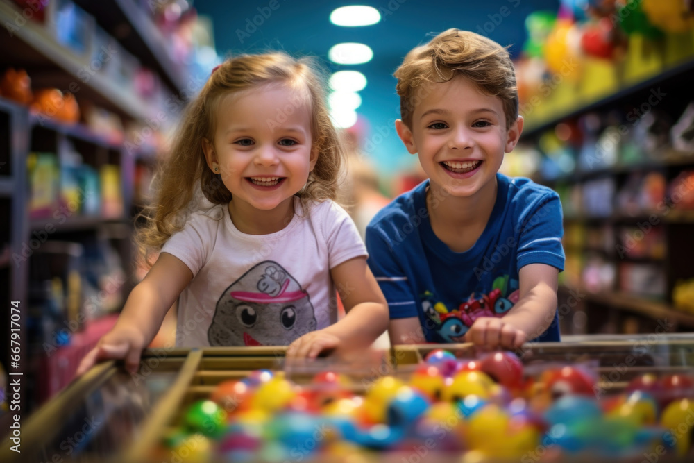 Two ecstatic children having a wonderful time, surrounded by a plethora of toys in a store