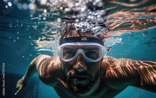 A professional athlete in swimming goggles and cap is swimming underwater in the pool