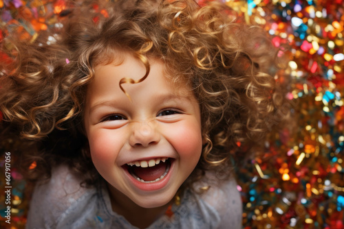 Portrait of a laughing little girl with curly hair on a background of confetti © Olesia Khazova