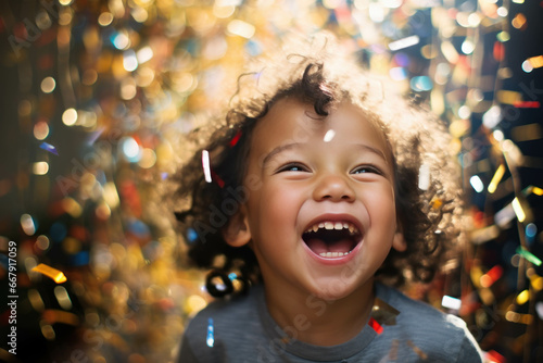 Portrait of laughing little boy with curly hair who having fun on a christmas party on a background of confetti