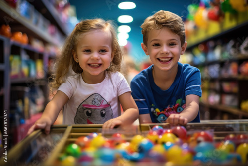 Two ecstatic children having a wonderful time, surrounded by a plethora of toys in a store