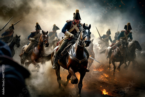 The Napoleonic Clash: French and Prussian Forces Engage in Historic Warfare with Gallant Cavalry - A Glimpse into the Epic Battle of Two Mighty Armies.

 photo