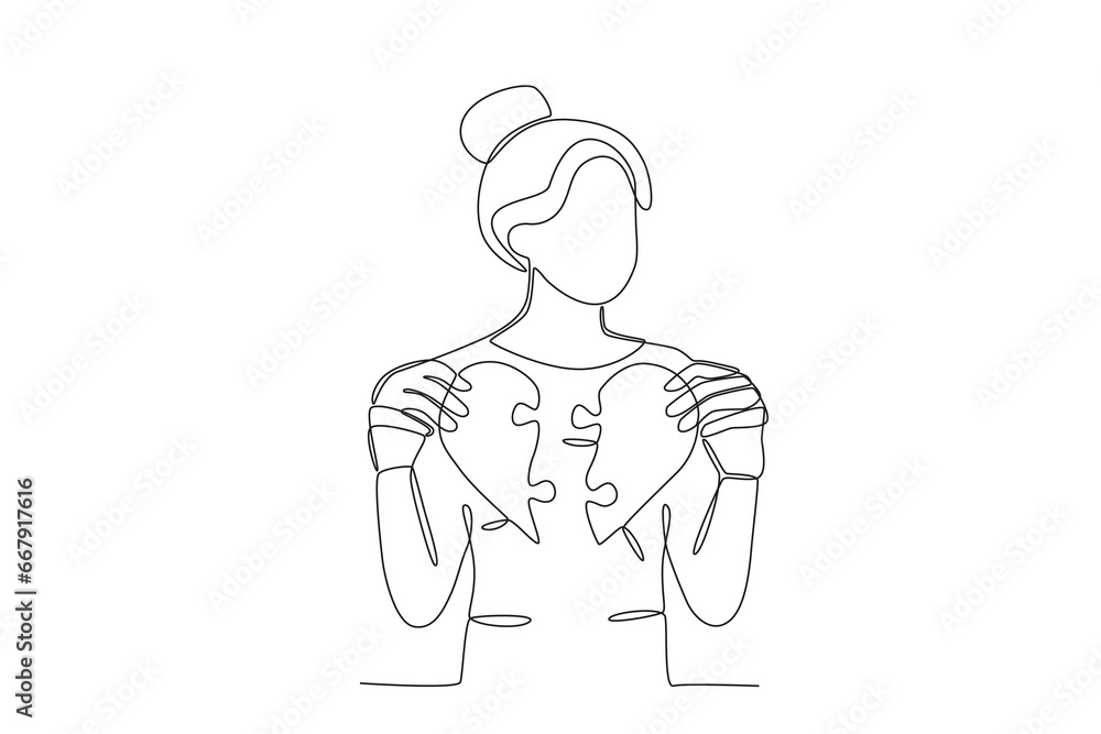 A woman holding a broken love. Relationship problem one-line drawing