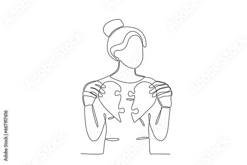 A woman holding a broken love. Relationship problem one-line drawing