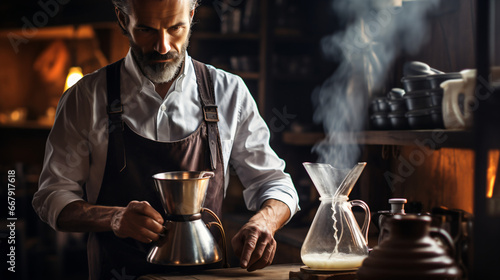 PORTRAIT OF BARISTA PREPARING A AUTHOR COFFEE. SURROUNDINGS OF WOODEN FURNITURE  LOW AND WARM LIGHT.