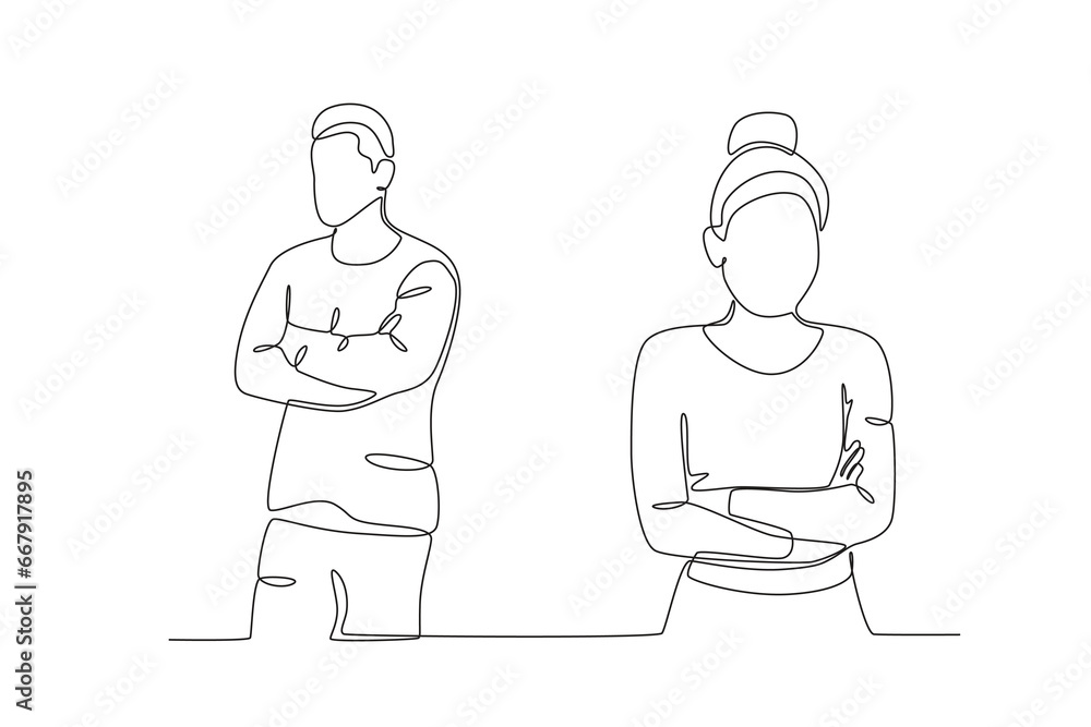 A husband and wife muffle with each other. Relationship problem one-line drawing