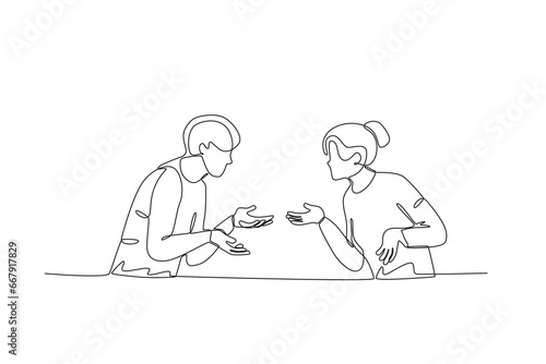 A couple argues to solve a problem. Relationship problem one-line drawing