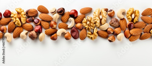 Top view of isolated mixed nuts on white background with copy space