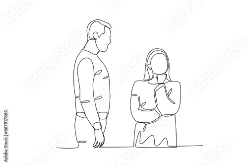 A man apologizes to his girlfriend. Relationship problem one-line drawing