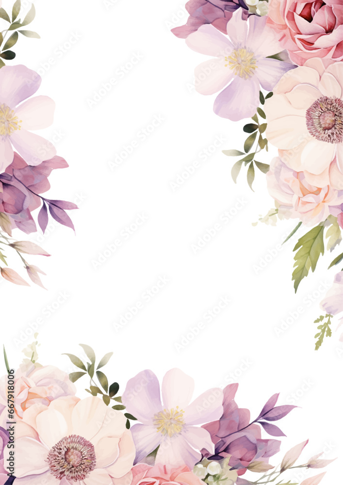 Pink and purple violet elegant watercolor background with flora and flower