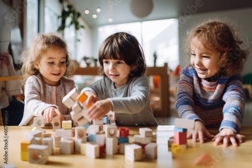 A group of children play with colored cubes and numbers in a games room.