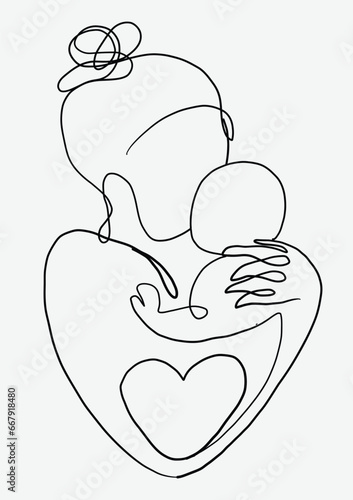 Continuous line drawing of mother with a baby with heart shape symbol.Hand drawn illustration for Happy International Mother's Day card.Vector mother's day concep and minimalism style concept.